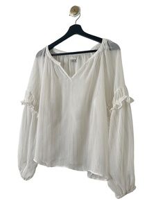 a new day Blouse Women Size XXL Ivory V Neck Glitter Striped Cropped Ruffle Long